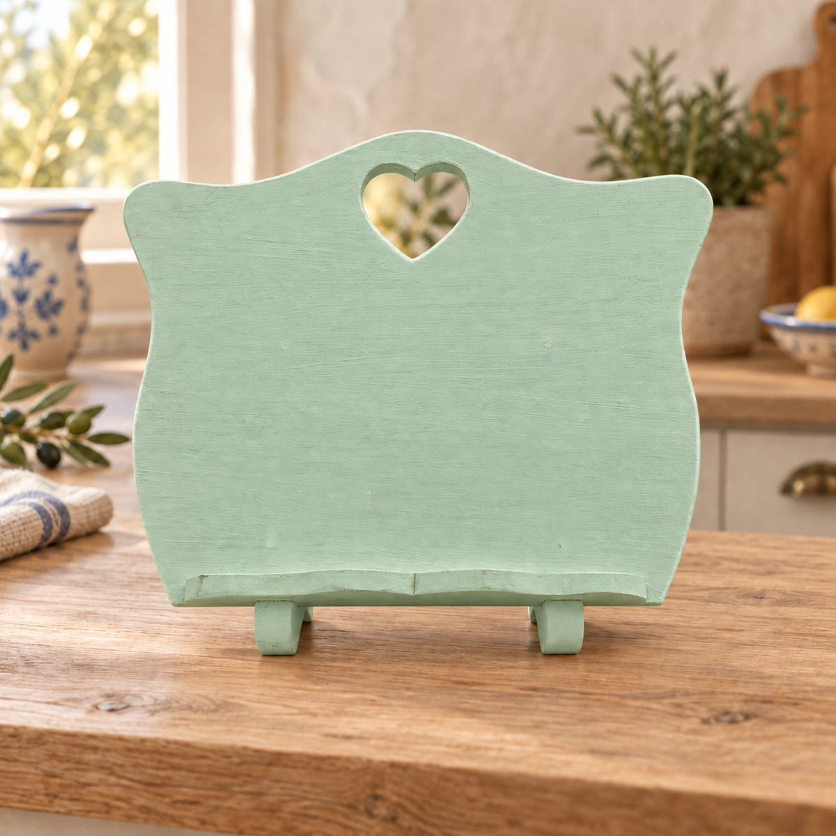 Leggio artigianale con cuore intarsiato Verde Vintage, ambientato in cucina