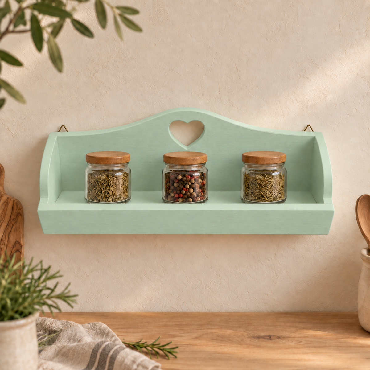 Mensolina portaspezie grande color Verde Vintage, finitura Tommy Art pulita