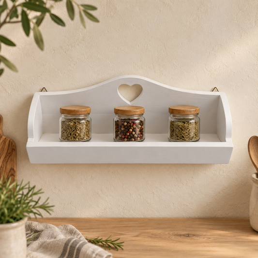 Mensolina portaspezie grande bianca con cuore in cucina shabby chic