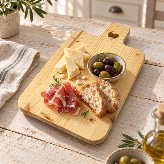 Tagliere in legno artigianale con intarsio a cuore usato per aperitivo