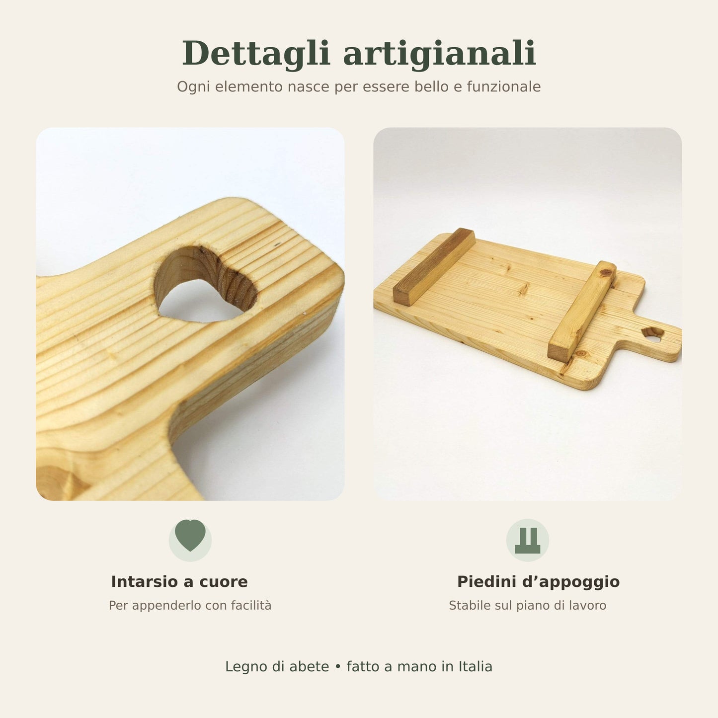 Dettaglio intarsio a cuore e piedini del tagliere artigianale