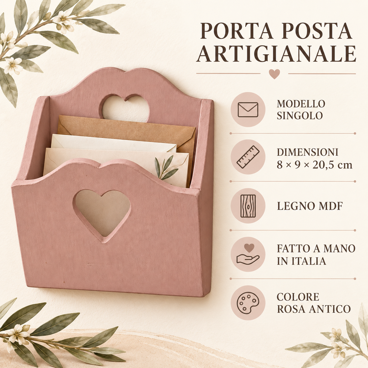 Porta posta artigianale singolo Rosa Antico - infografica