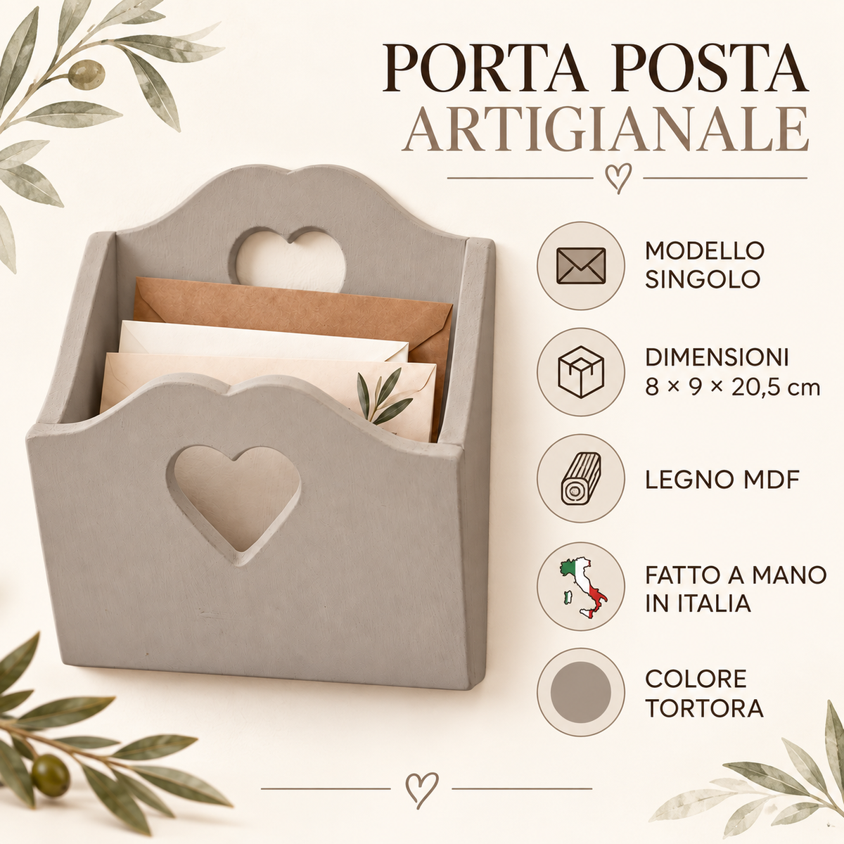 Porta posta artigianale singolo Tortora - infografica