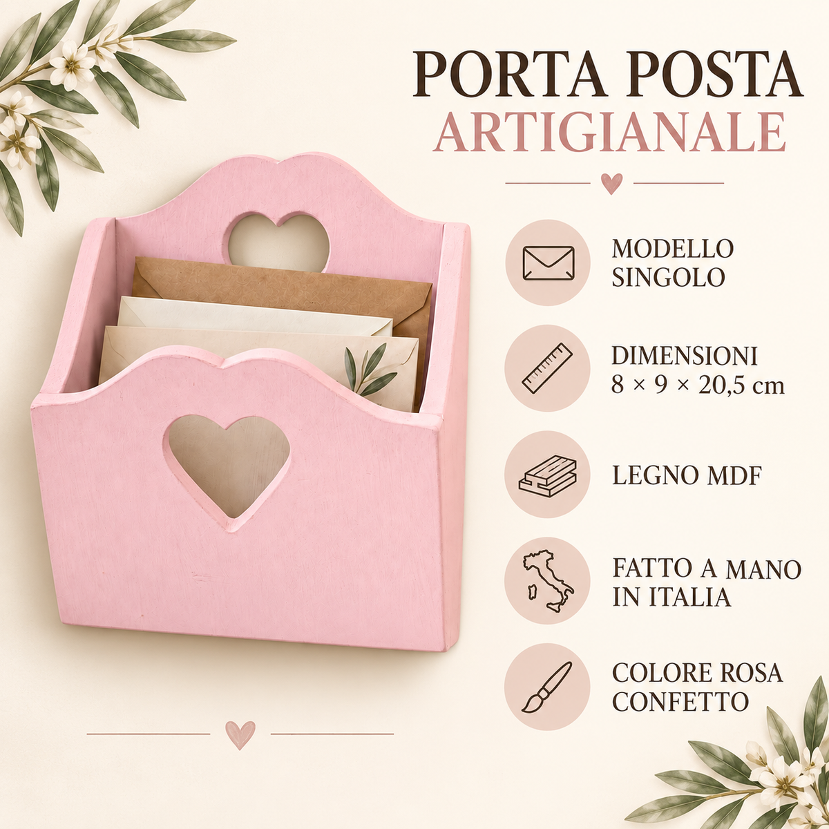 Porta posta artigianale singolo Rosa Confetto - infografica