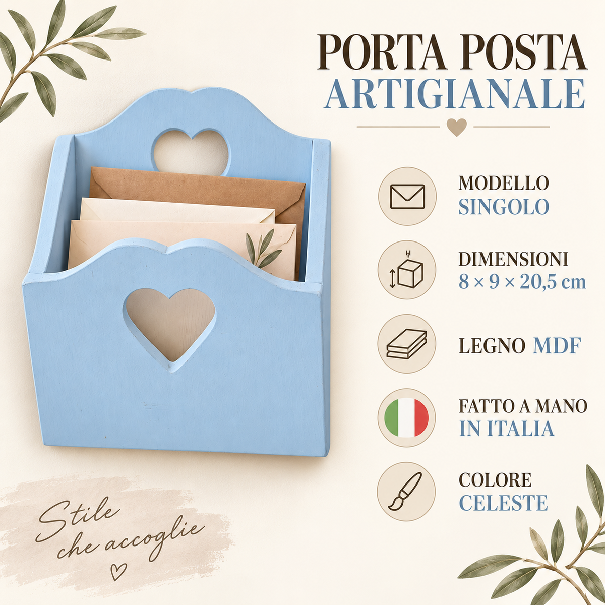 Porta posta artigianale singolo Celeste - infografica