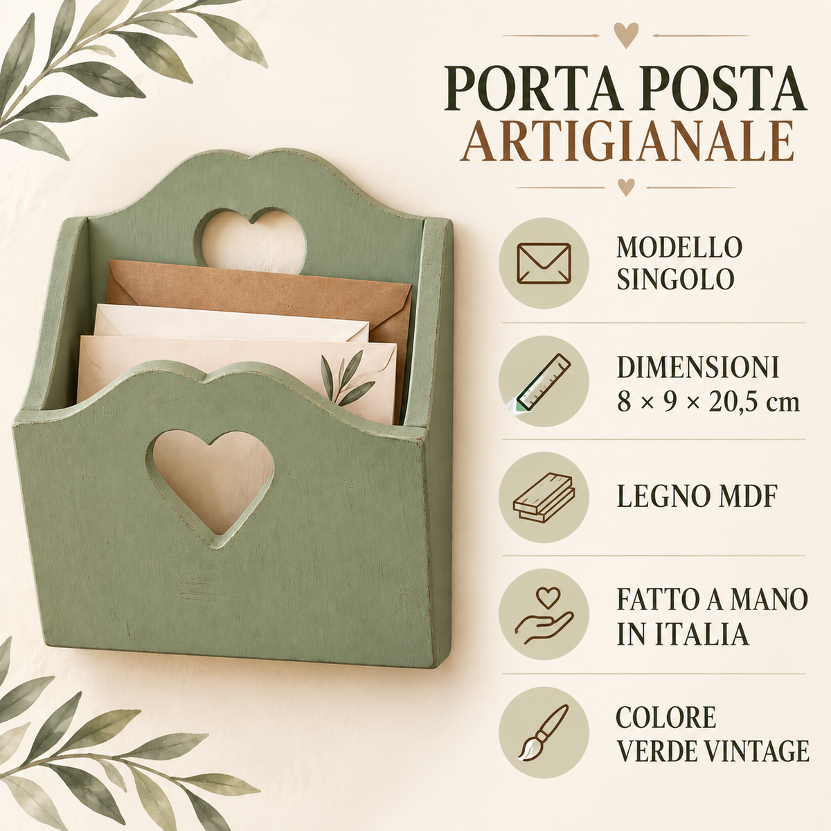 Porta posta artigianale singolo Verde Vintage - infografica
