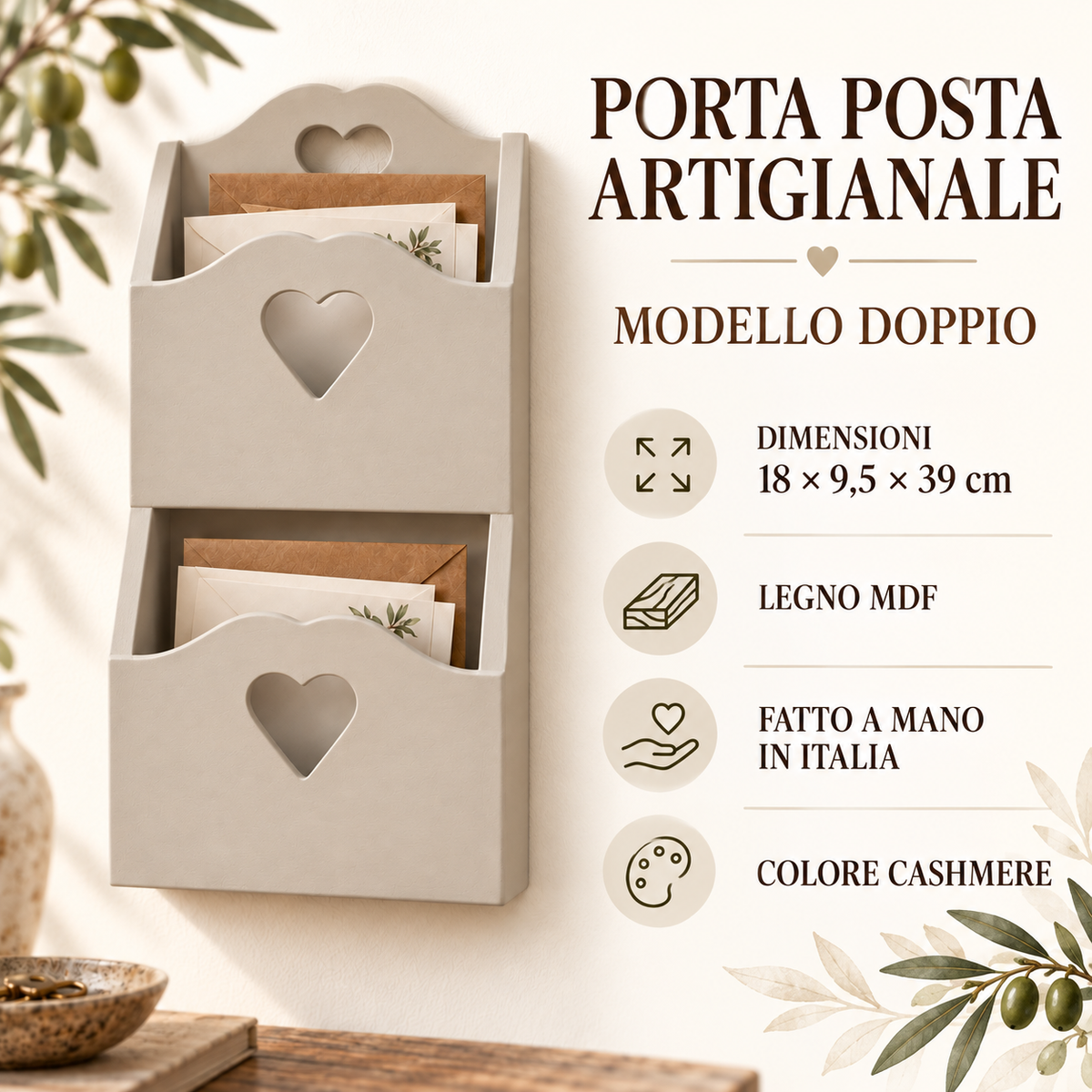 Porta posta artigianale doppio Cashmere - infografica