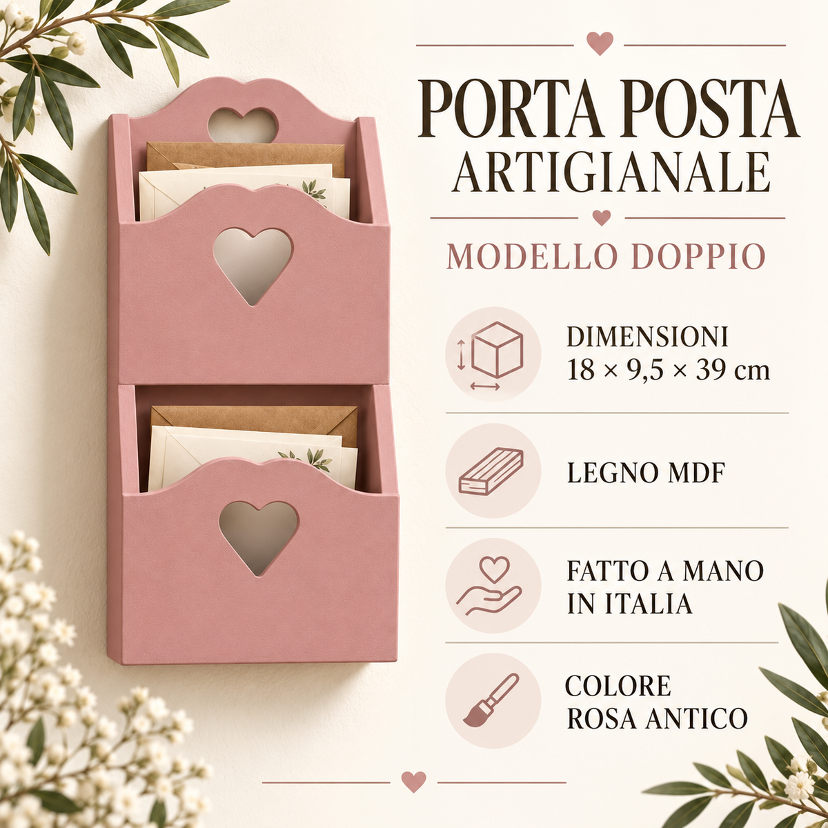Porta posta artigianale doppio Rosa Antico - infografica