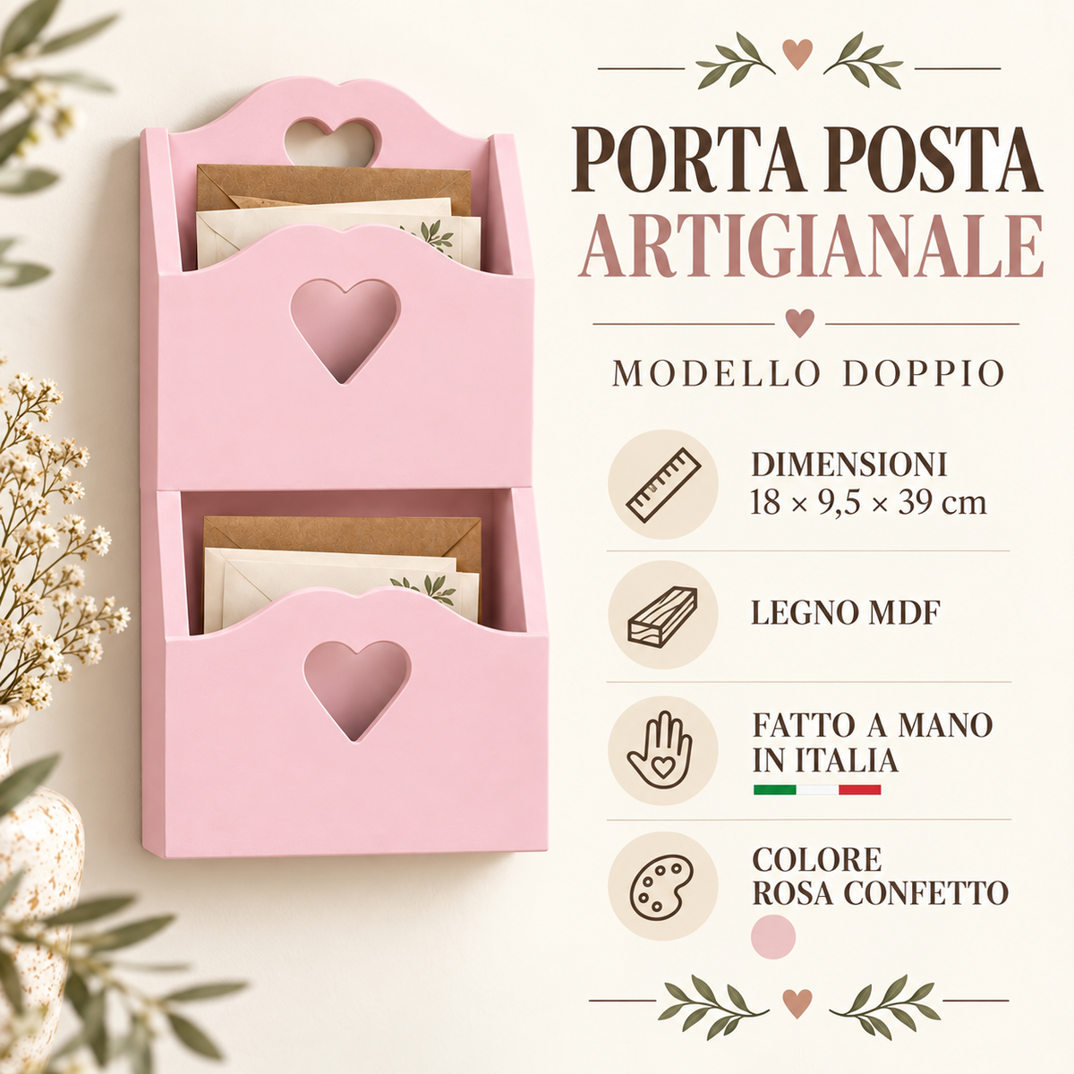 Porta posta artigianale doppio Rosa Confetto - infografica