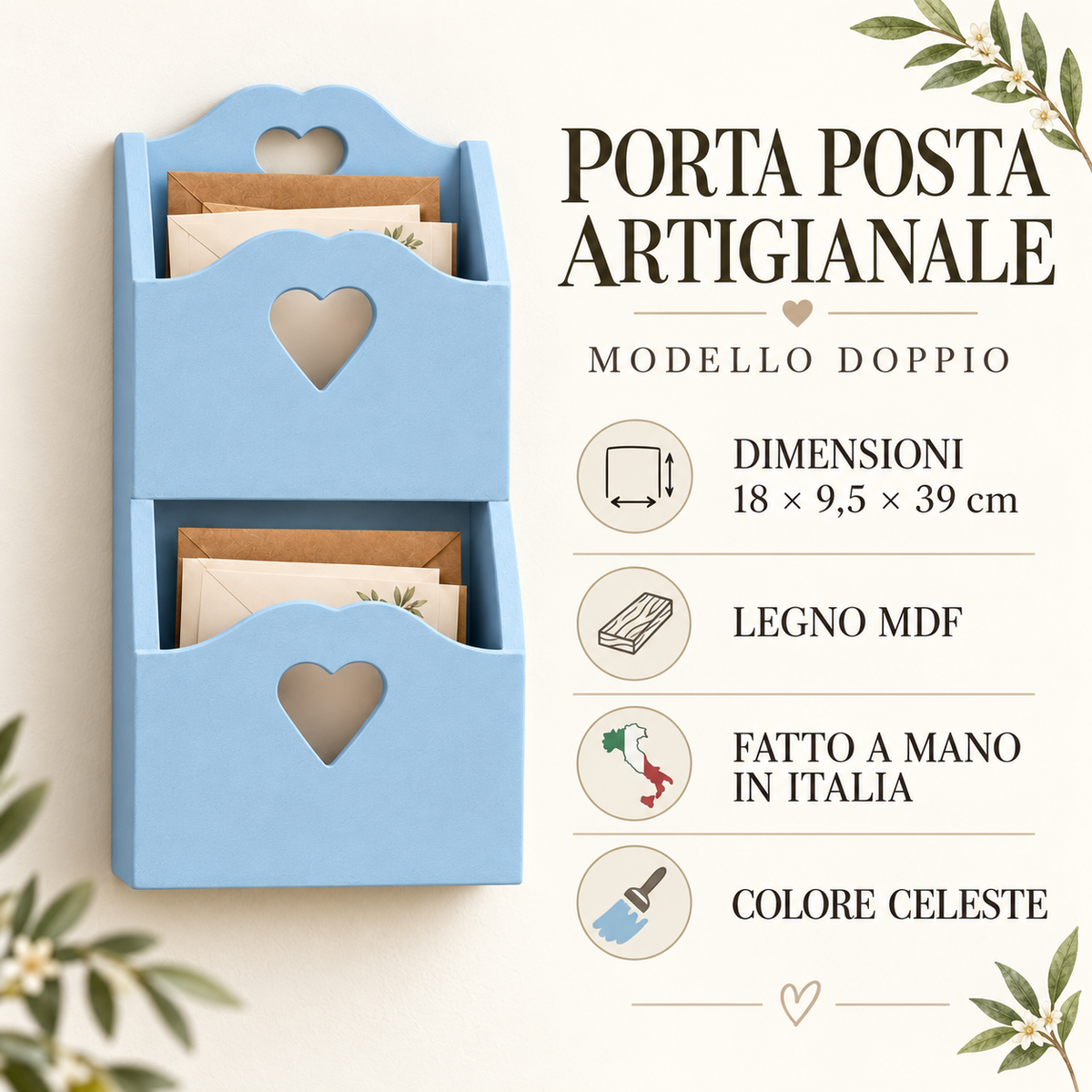 Porta posta artigianale doppio Celeste - infografica