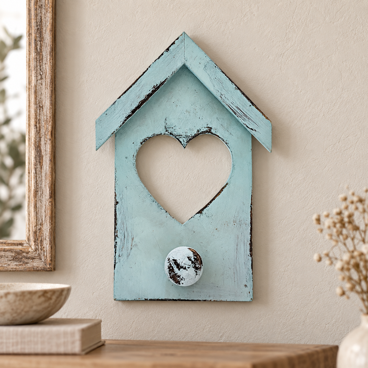 Appendiabiti casetta artigianale celeste con cuore traforato, ambientato all'ingresso