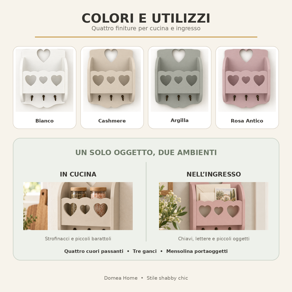 Colori e utilizzi dell appendino artigianale con mensola e tre ganci