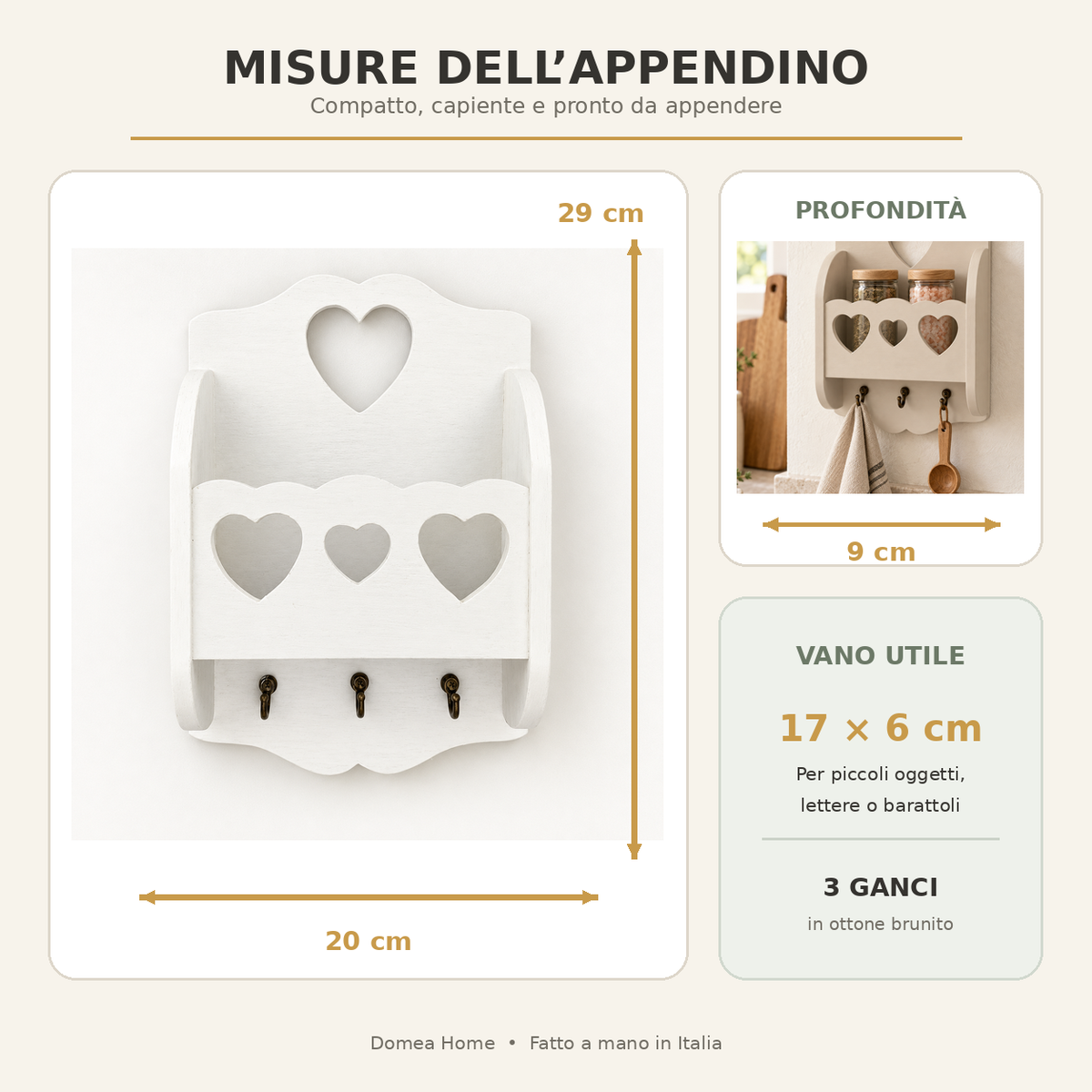 Misure dell appendino artigianale con mensola e tre ganci