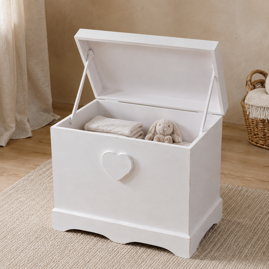 Baule shabby artigianale Bianco aperto, con ampio vano, fermi laterali e cuore in rilievo