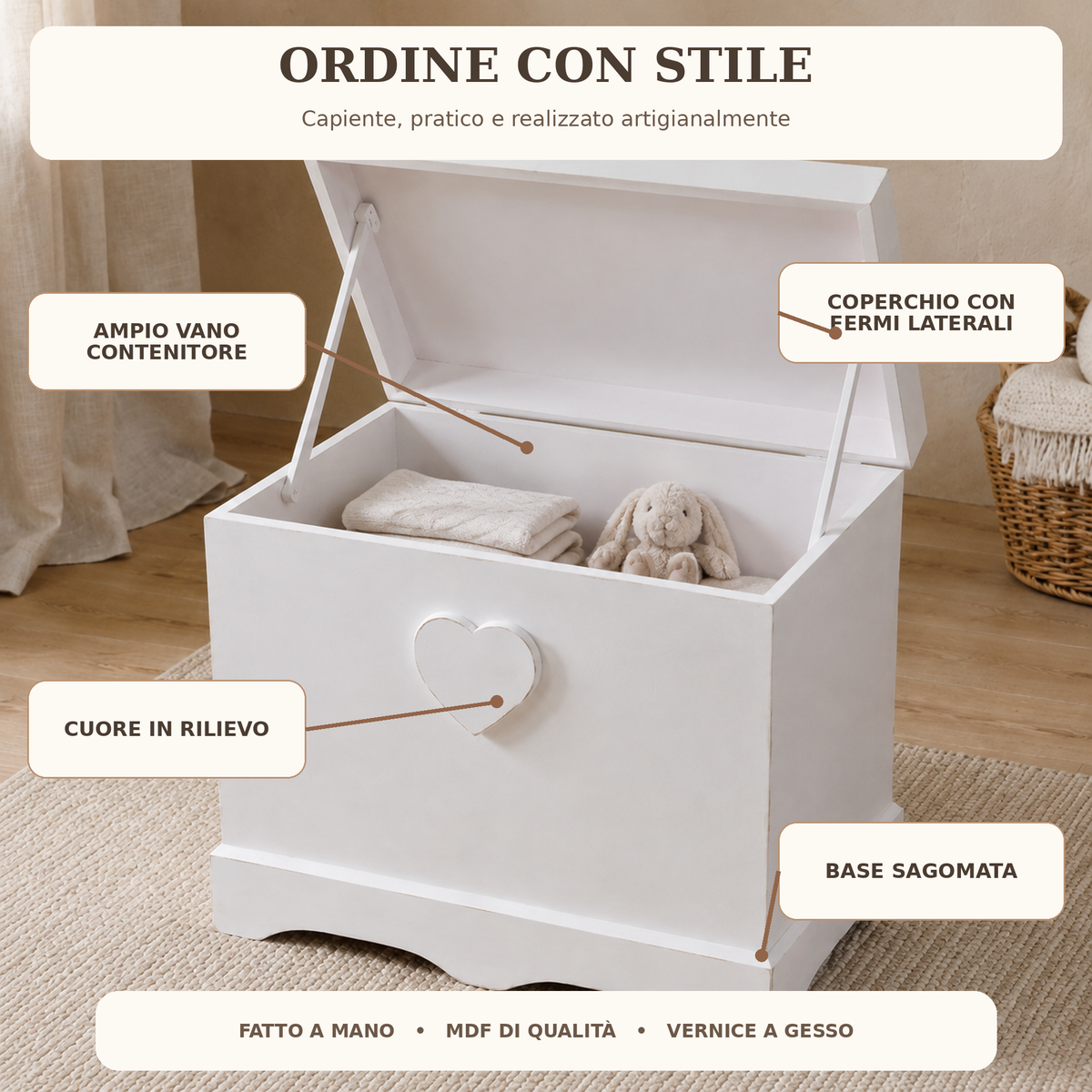 Infografica del baule shabby: ampio vano, fermi laterali, cuore in rilievo e base sagomata