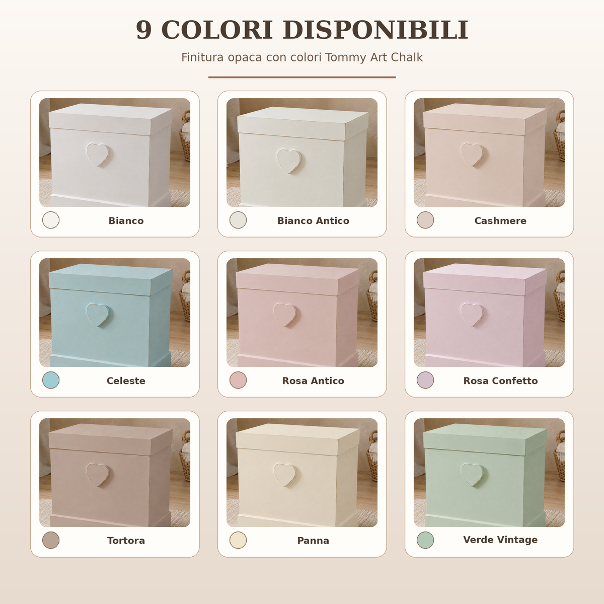 Nove colori disponibili per il baule shabby artigianale con cuore in rilievo