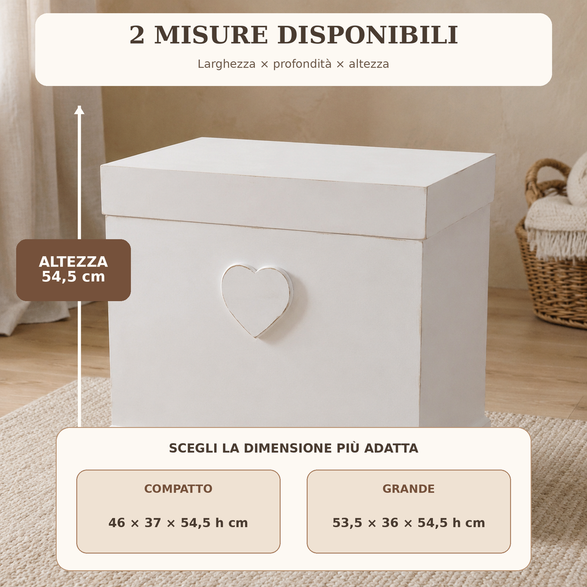 Misure del baule shabby: 46 x 37 x 54,5 cm oppure 53,5 x 36 x 54,5 cm