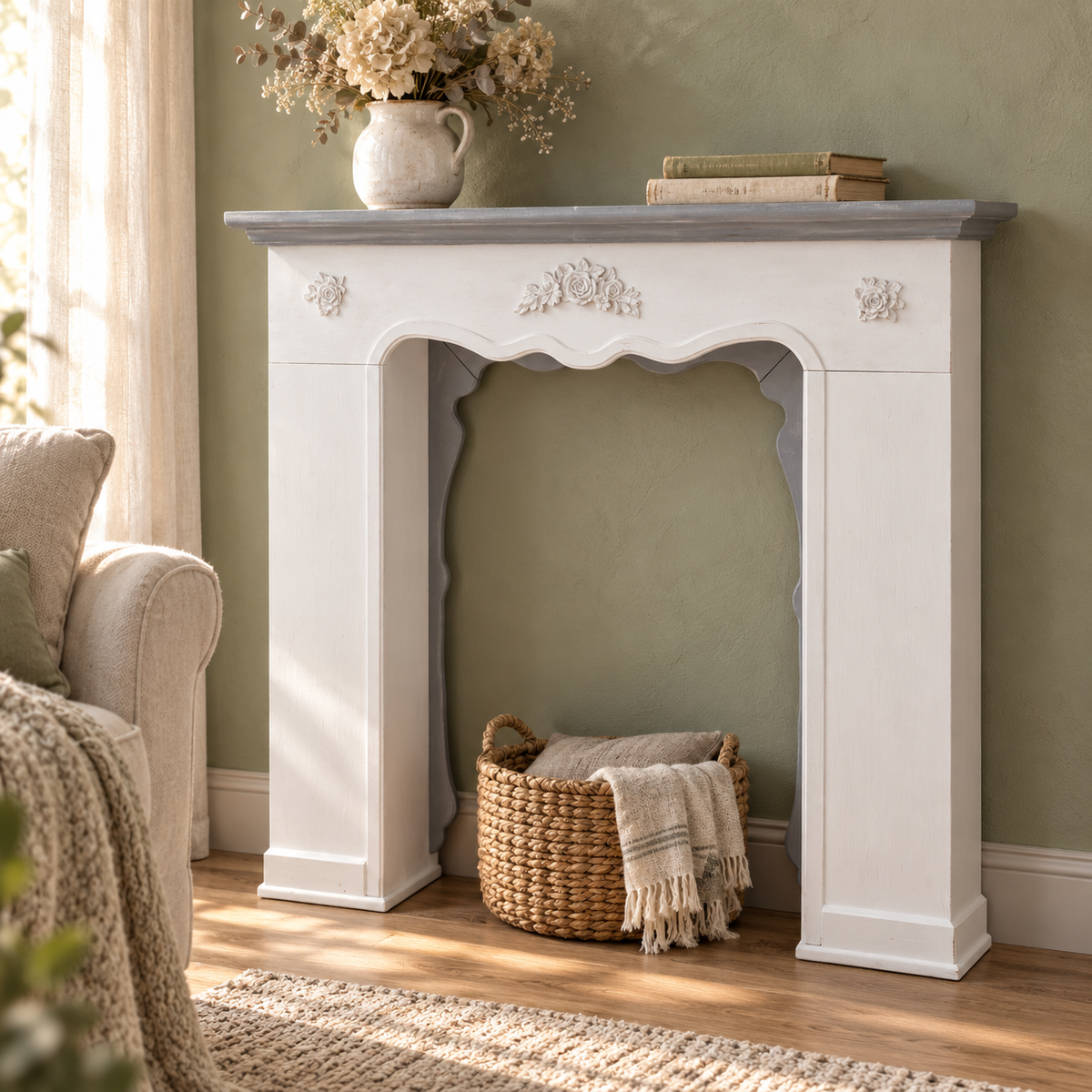 Cornice camino shabby chic bianca con top Argilla in angolo lettura
