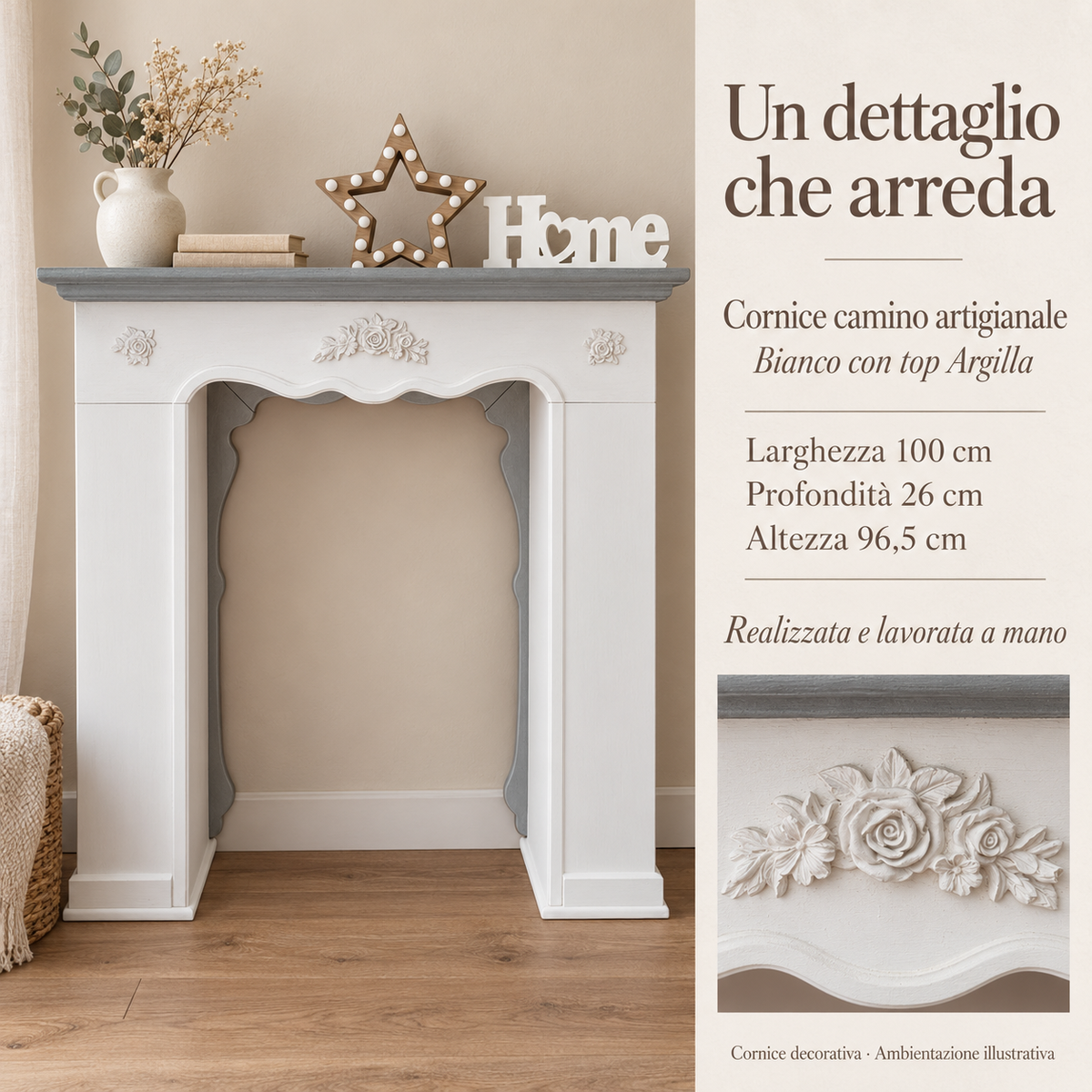 Misure camino artigianale: larghezza 100 cm, profondità 26 cm, altezza 96,5 cm