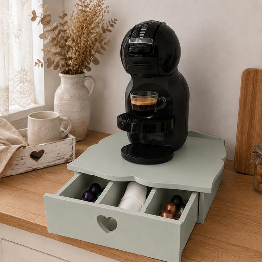 Cassetto porta cialde Domeahome Argilla con tre scomparti, ambientato in un angolo caffè