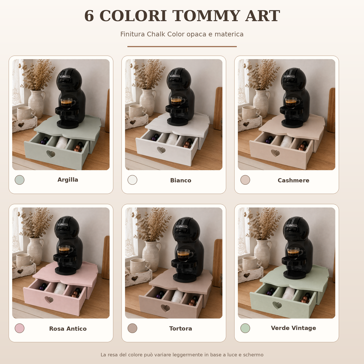 Sei colori Tommy Art disponibili per il cassetto porta cialde Domeahome