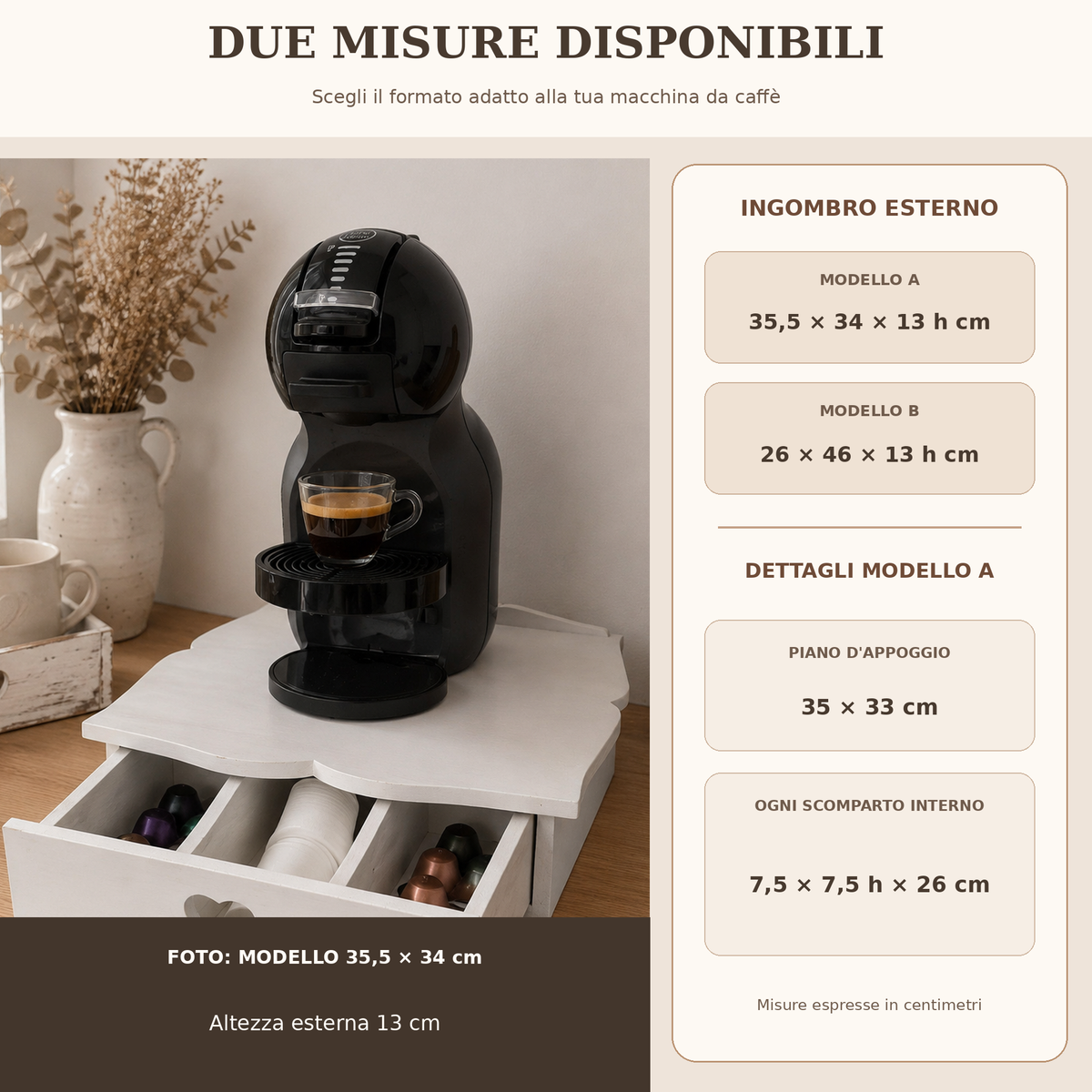 Misure disponibili del cassetto porta cialde Domeahome e dimensioni degli scomparti
