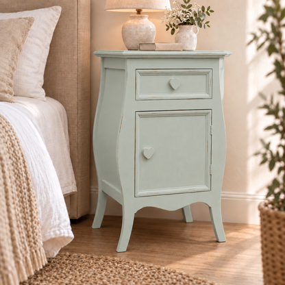 Comodino shabby chic Argilla apertura destra con pomelli a cuore