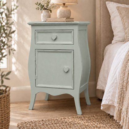 Comodino shabby chic Argilla apertura sinistra con pomelli a cuore