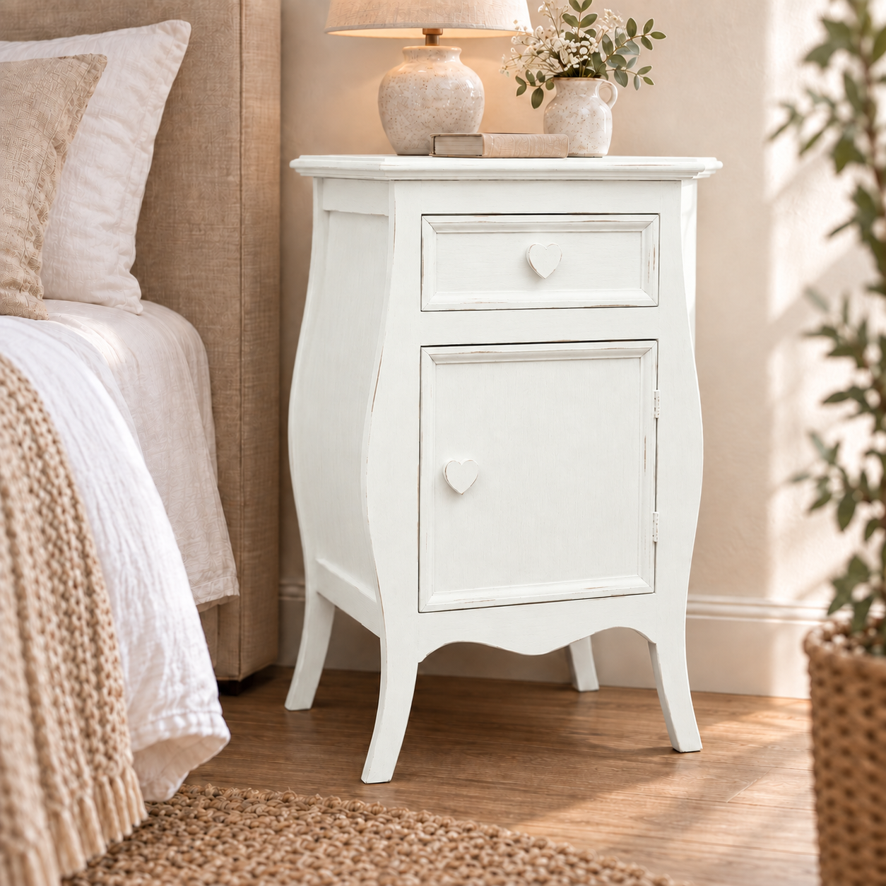 Comodino shabby chic Bianco Antico apertura destra con pomelli a cuore