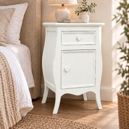 Comodino shabby chic Bianco Antico apertura destra con pomelli a cuore