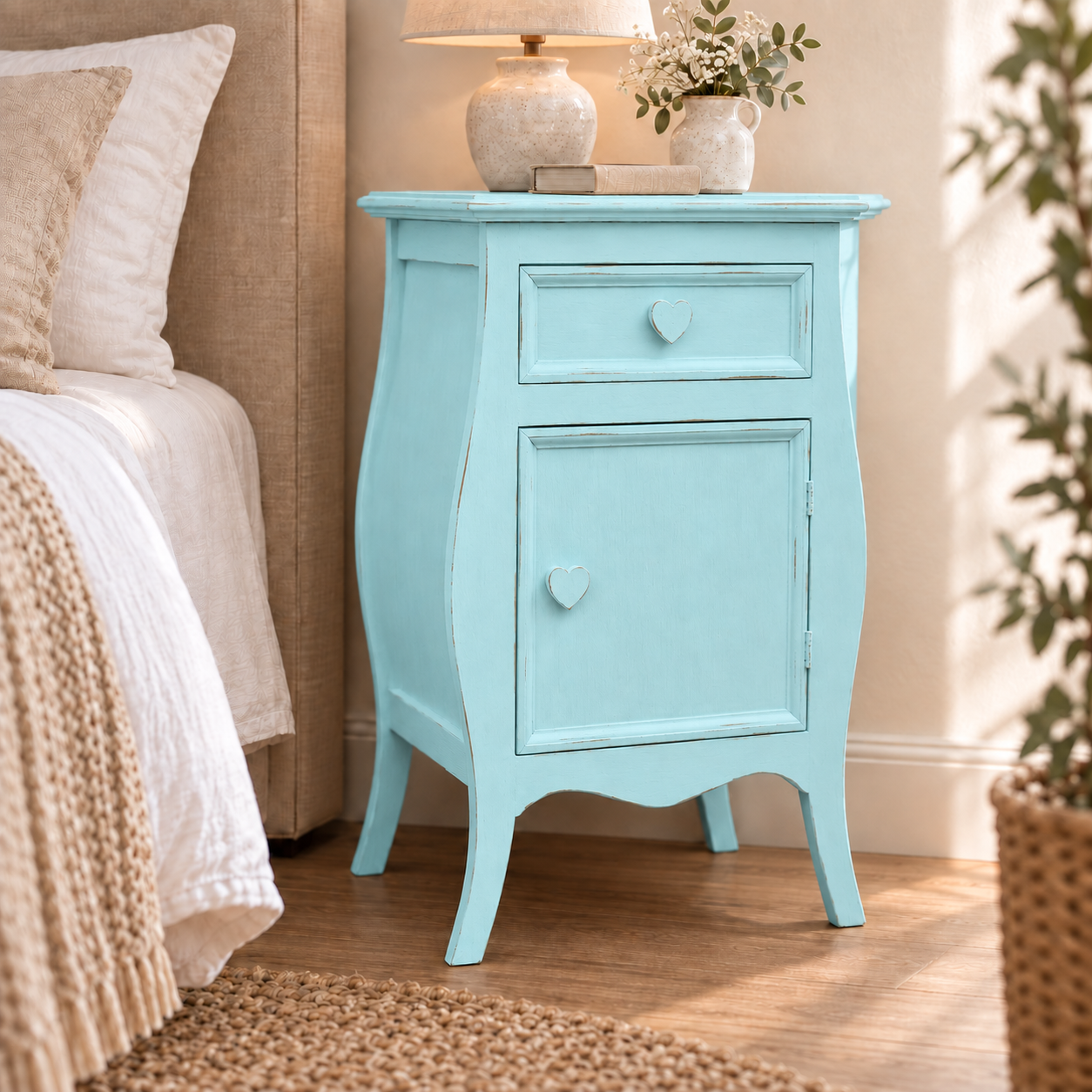 Comodino shabby chic Celeste apertura destra con pomelli a cuore