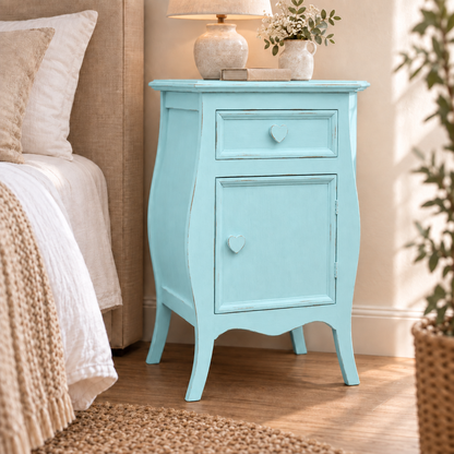 Comodino shabby chic Celeste apertura destra con pomelli a cuore