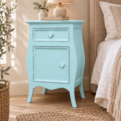 Comodino shabby chic Celeste apertura sinistra con pomelli a cuore