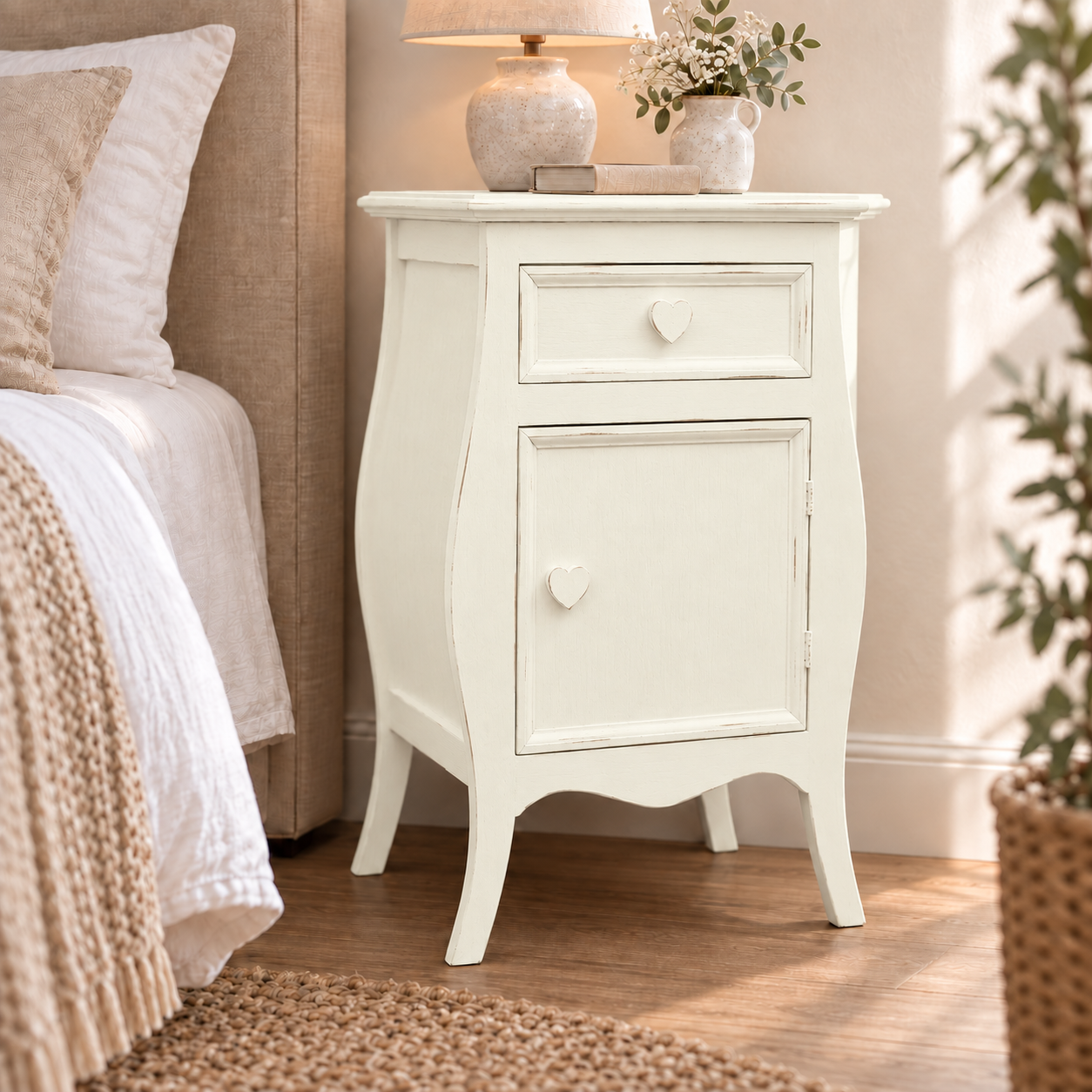 Comodino shabby chic Panna apertura destra con pomelli a cuore