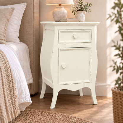 Comodino shabby chic Panna apertura destra con pomelli a cuore