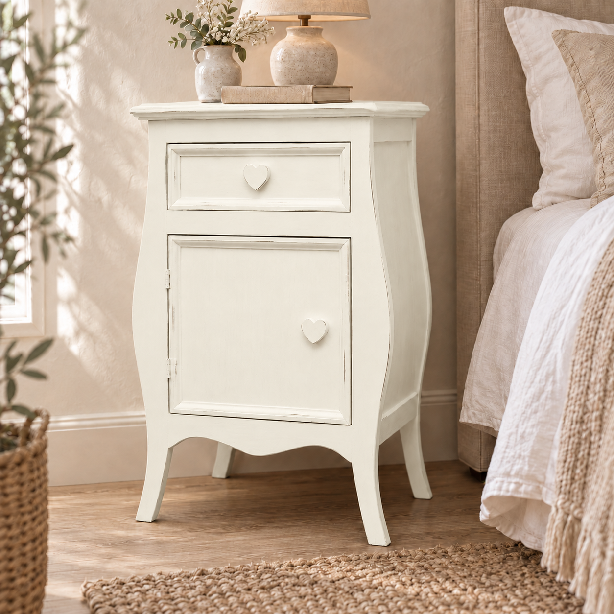 Comodino shabby chic Panna apertura sinistra con pomelli a cuore