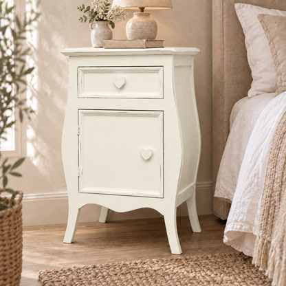 Comodino shabby chic Panna apertura sinistra con pomelli a cuore