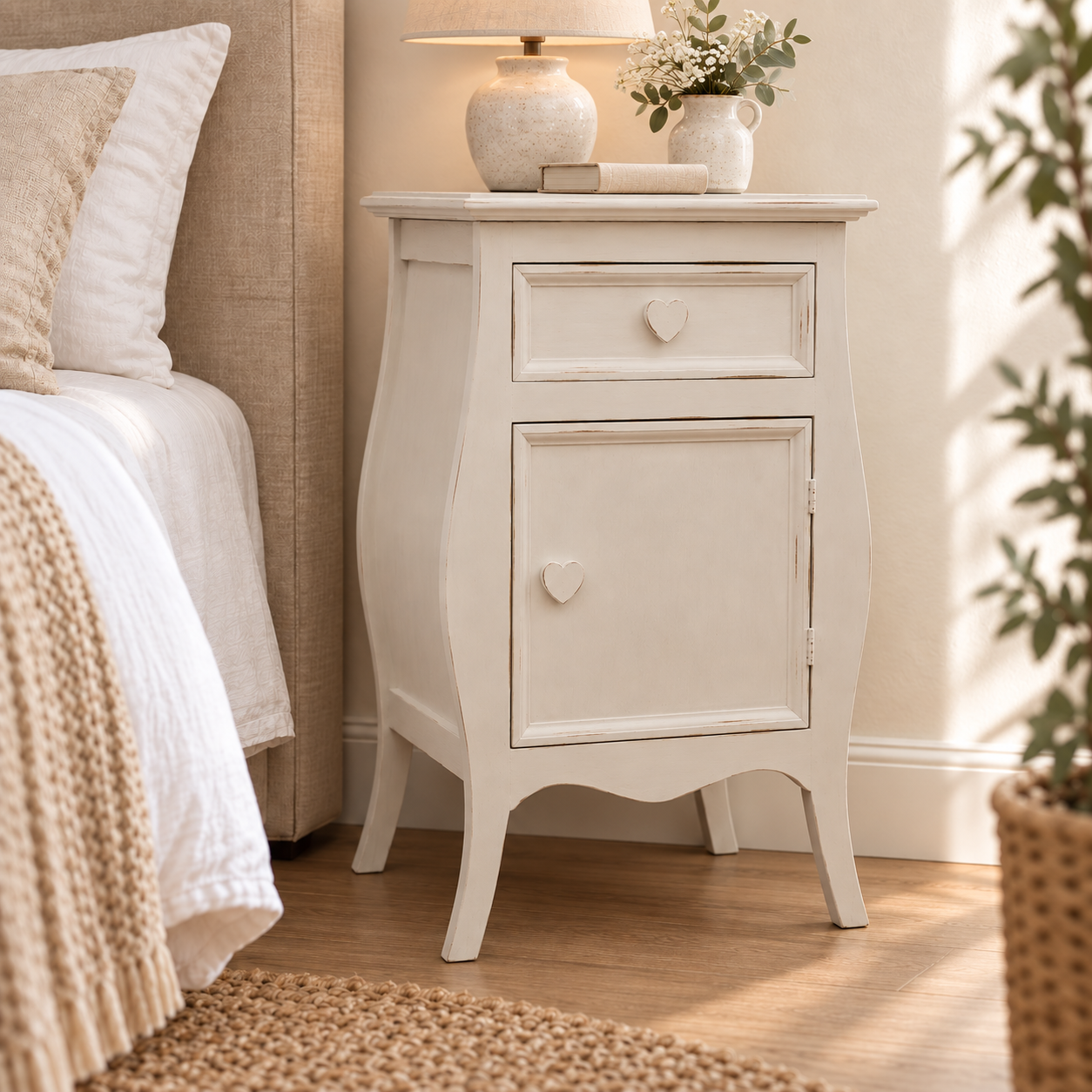 Comodino shabby chic Cashmere apertura destra in camera da letto
