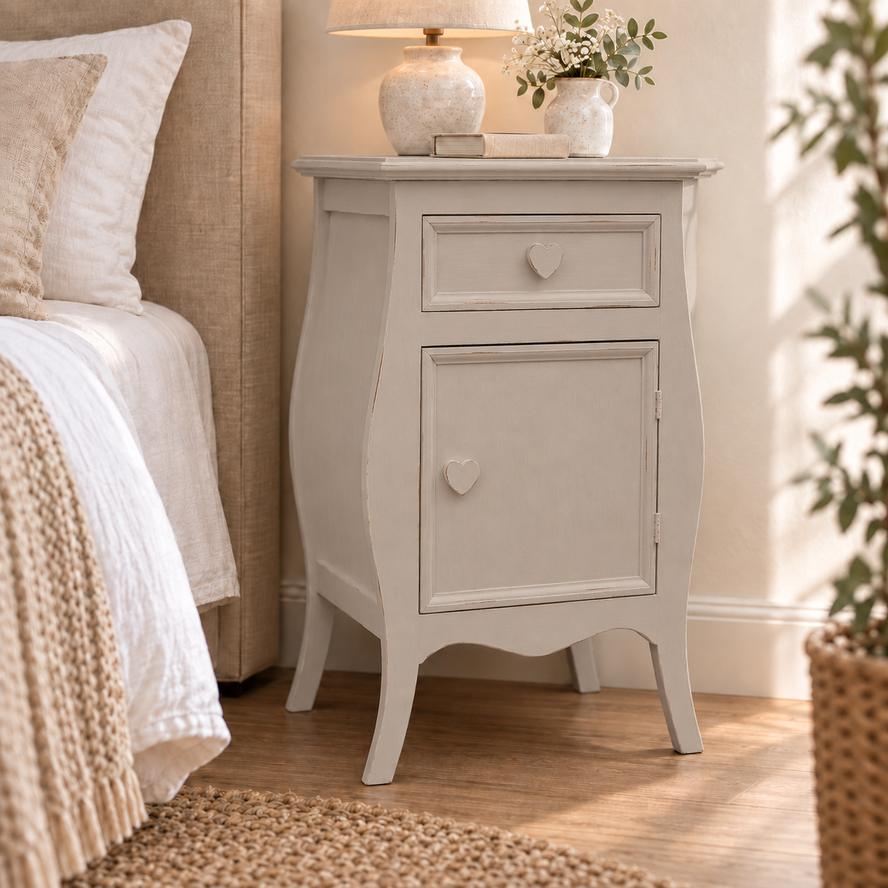 Comodino shabby chic Tortora apertura destra con pomelli a cuore
