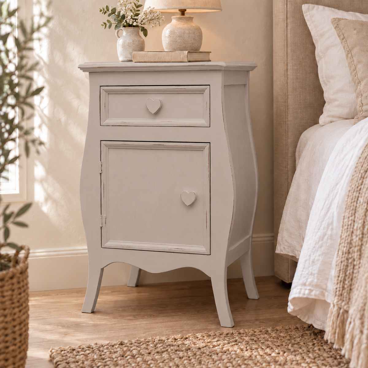 Comodino shabby chic Tortora apertura sinistra con pomelli a cuore