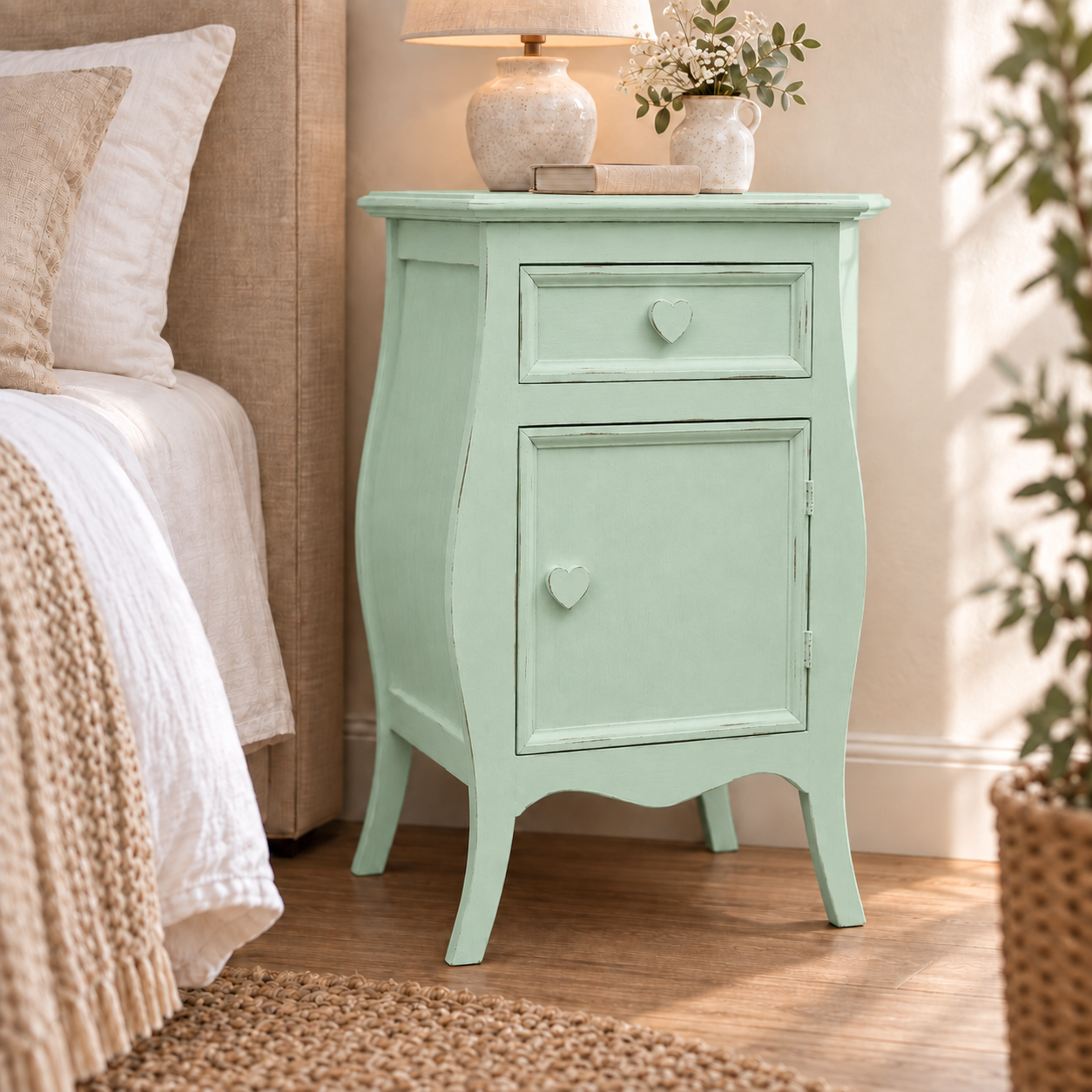 Comodino shabby chic Verde Vintage apertura destra con pomelli a cuore