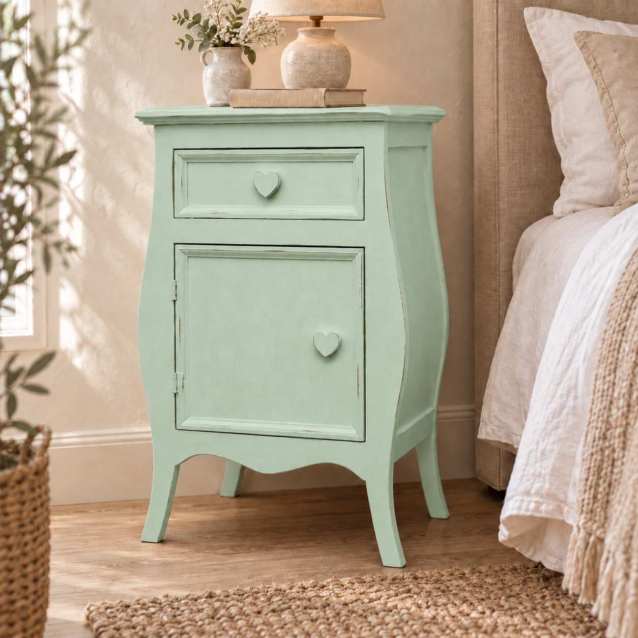 Comodino shabby chic Verde Vintage apertura sinistra con pomelli a cuore