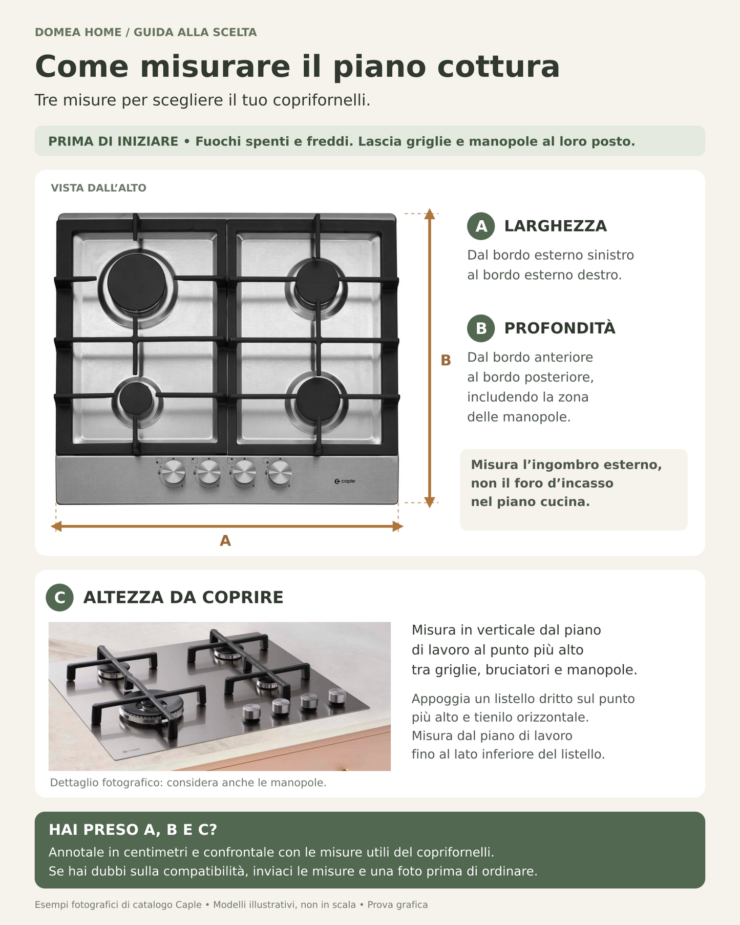 Guida fotografica per misurare il piano cottura: larghezza, profondità e altezza per il coprifornelli Domea Home