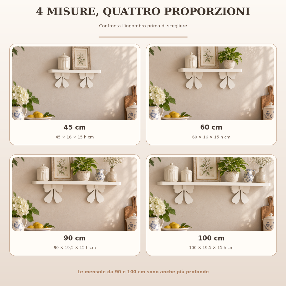 Mensola artigianale con fiocchi: confronto fotografico delle quattro misure