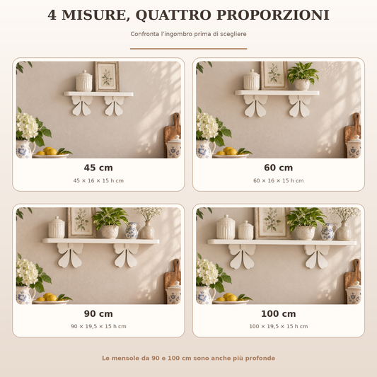 Mensola artigianale con fiocchi: confronto fotografico delle quattro misure