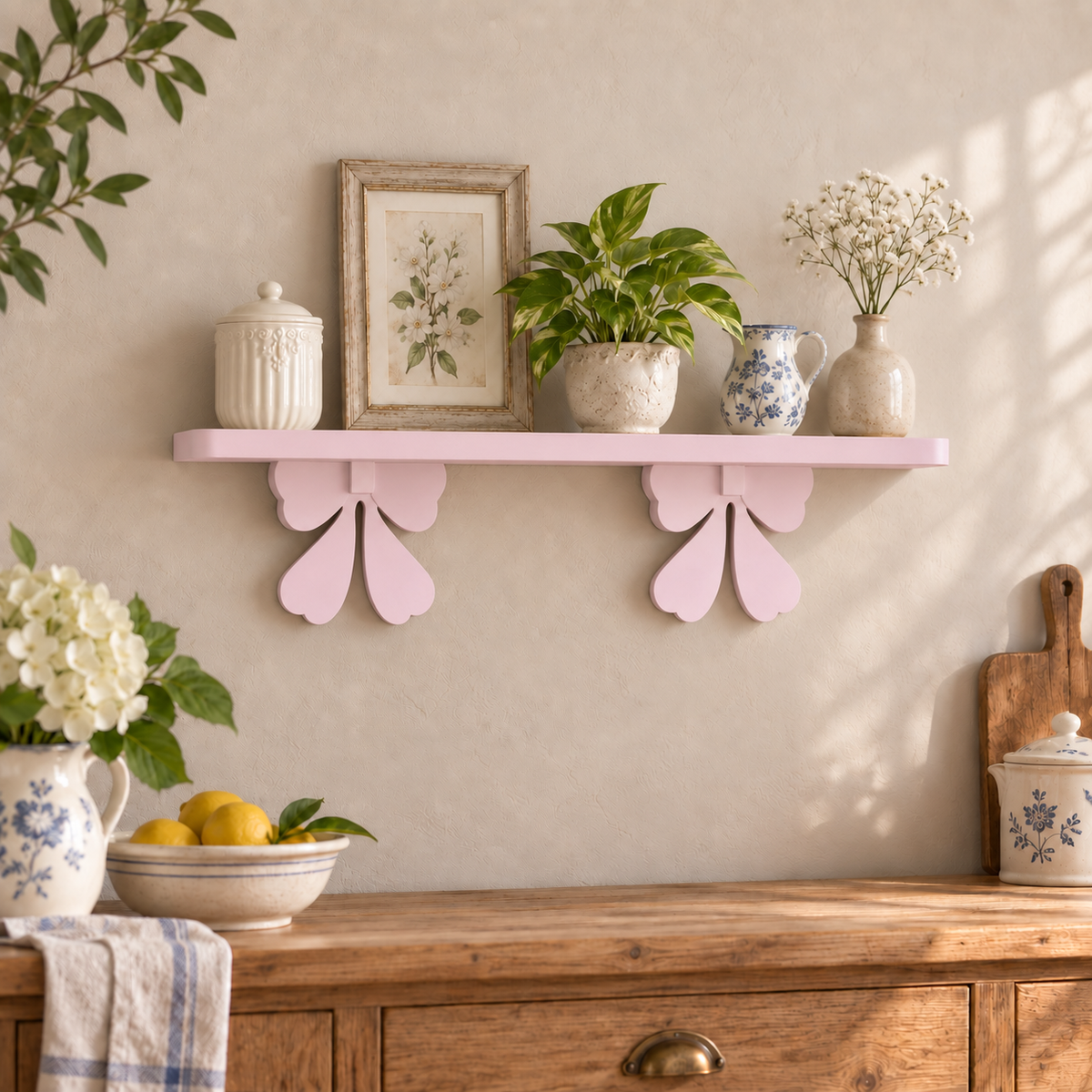 Mensola artigianale con fiocchi 90 cm - Rosa Confetto - ambientata