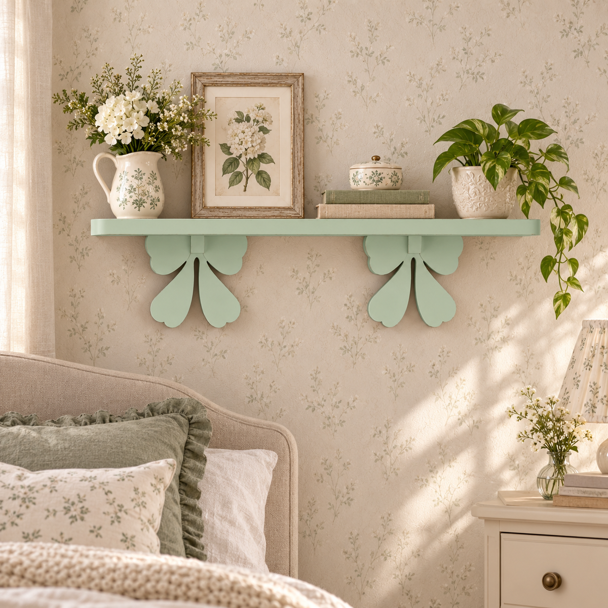 Mensola artigianale con fiocchi 90 cm - Verde Vintage - ambientata