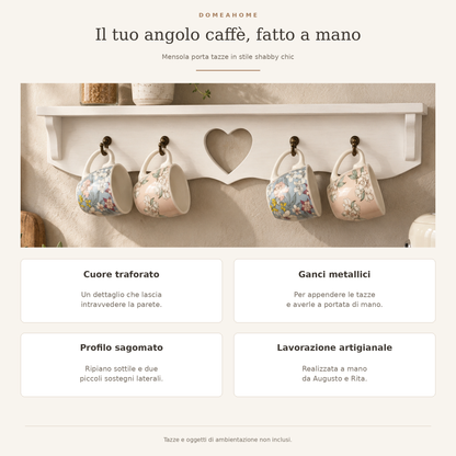 Caratteristiche della mensola porta tazze Domea: cuore traforato, ganci metallici, profilo sagomato e lavorazione artigianale.