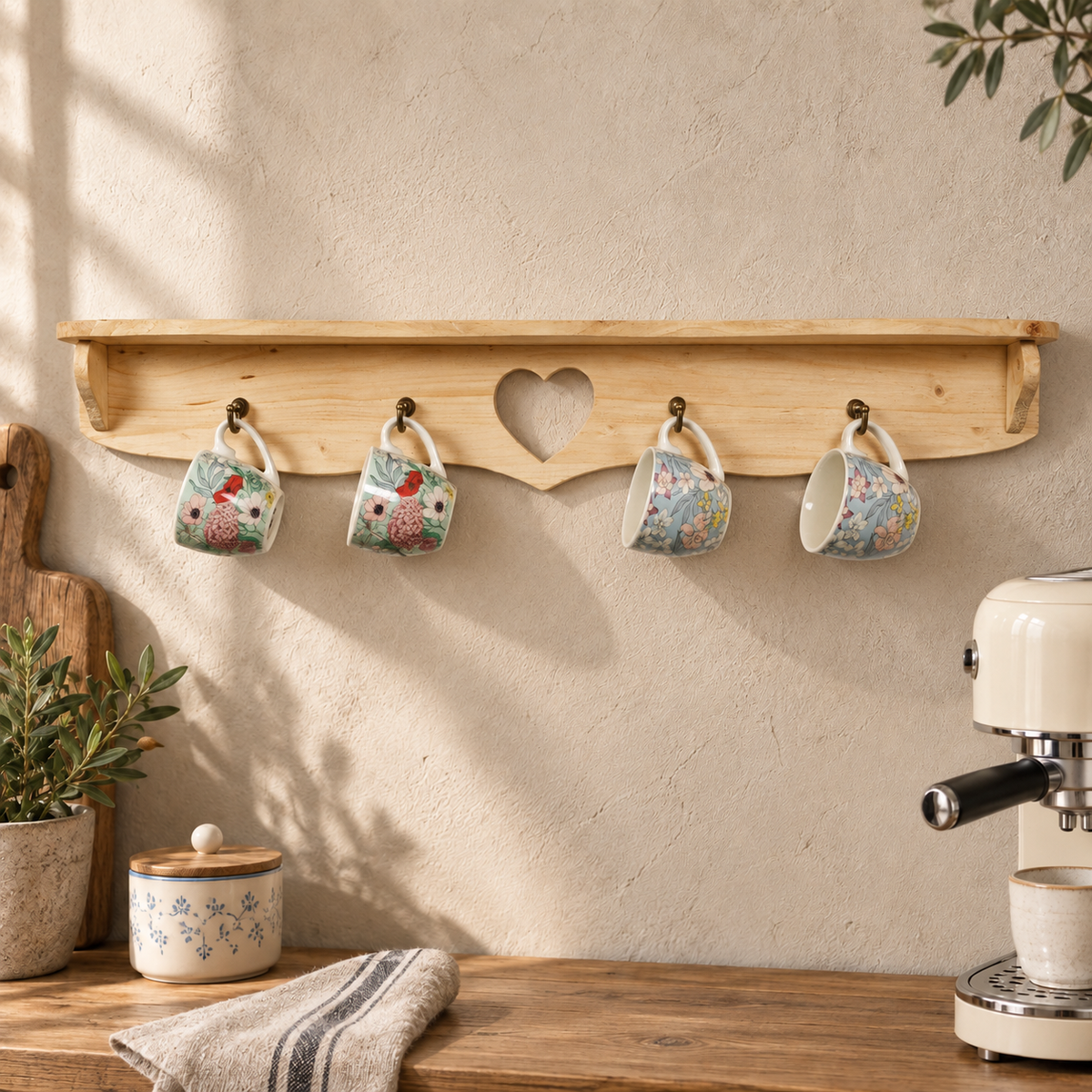 Mensola porta tazze Domea in abete Legno naturale: rendering dalle foto originali, con venature visibili e quattro ganci, in cucina.