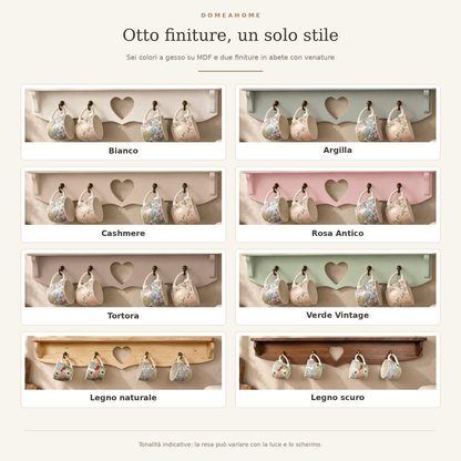 Otto finiture della mensola porta tazze Domea: sei colori verniciati su MDF e Legno naturale e Legno scuro in abete con venature.